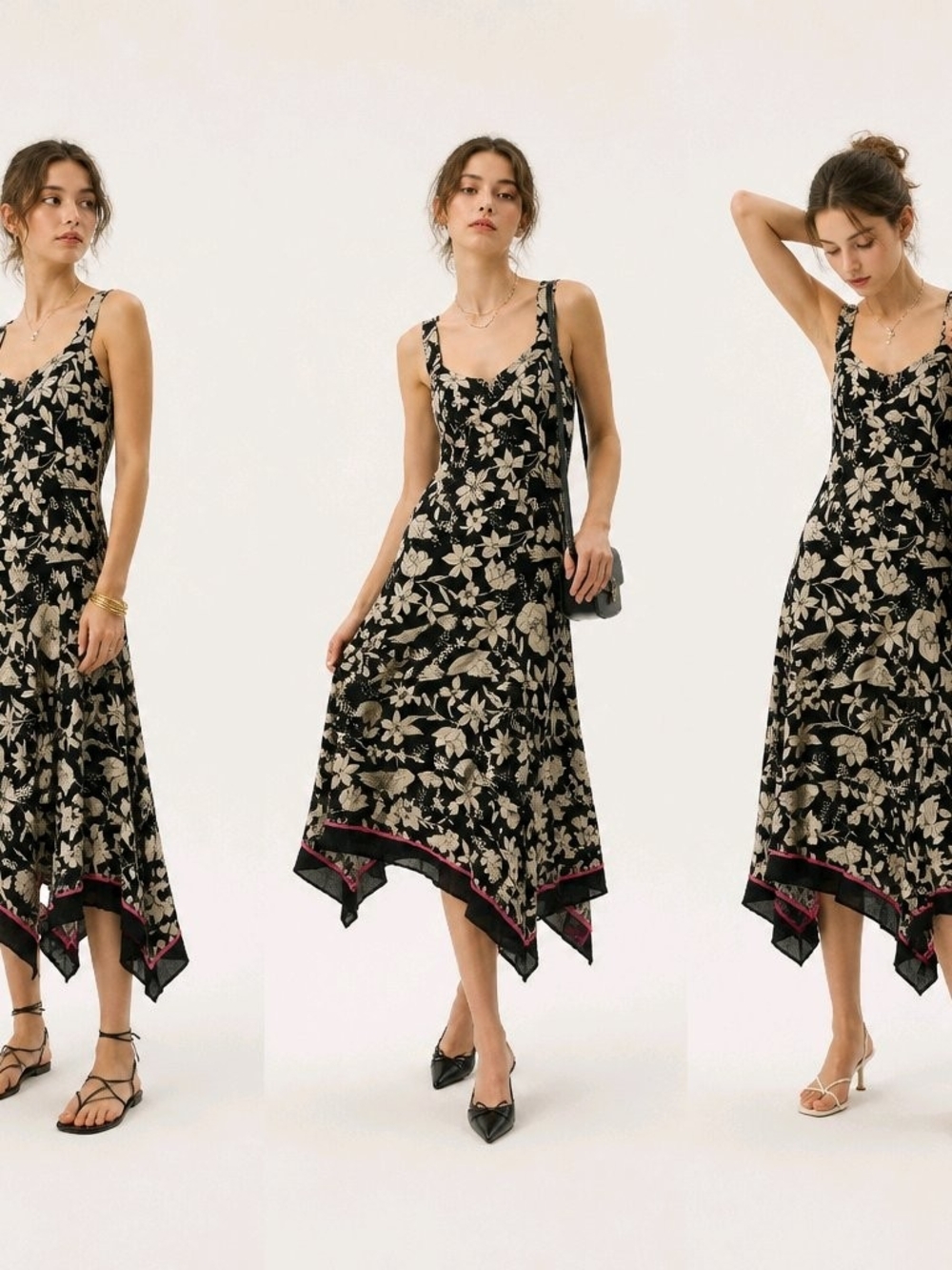 MAEVE byANTROPOLOGIE Floral Handkerchief Hem Dress - Black/Cream W/Pink Hem Trim